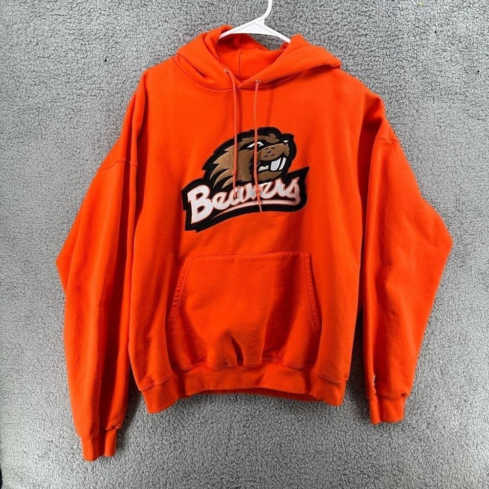 Champion Beavers Mascot Graphic Hoodie Orange Pullover Sweatshirt Mens XL